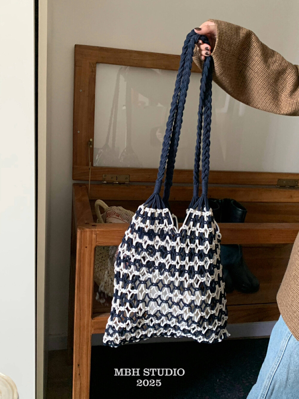 MBH Navy Blue Color Block Woven Hollow Out Beach Shoulder Bag