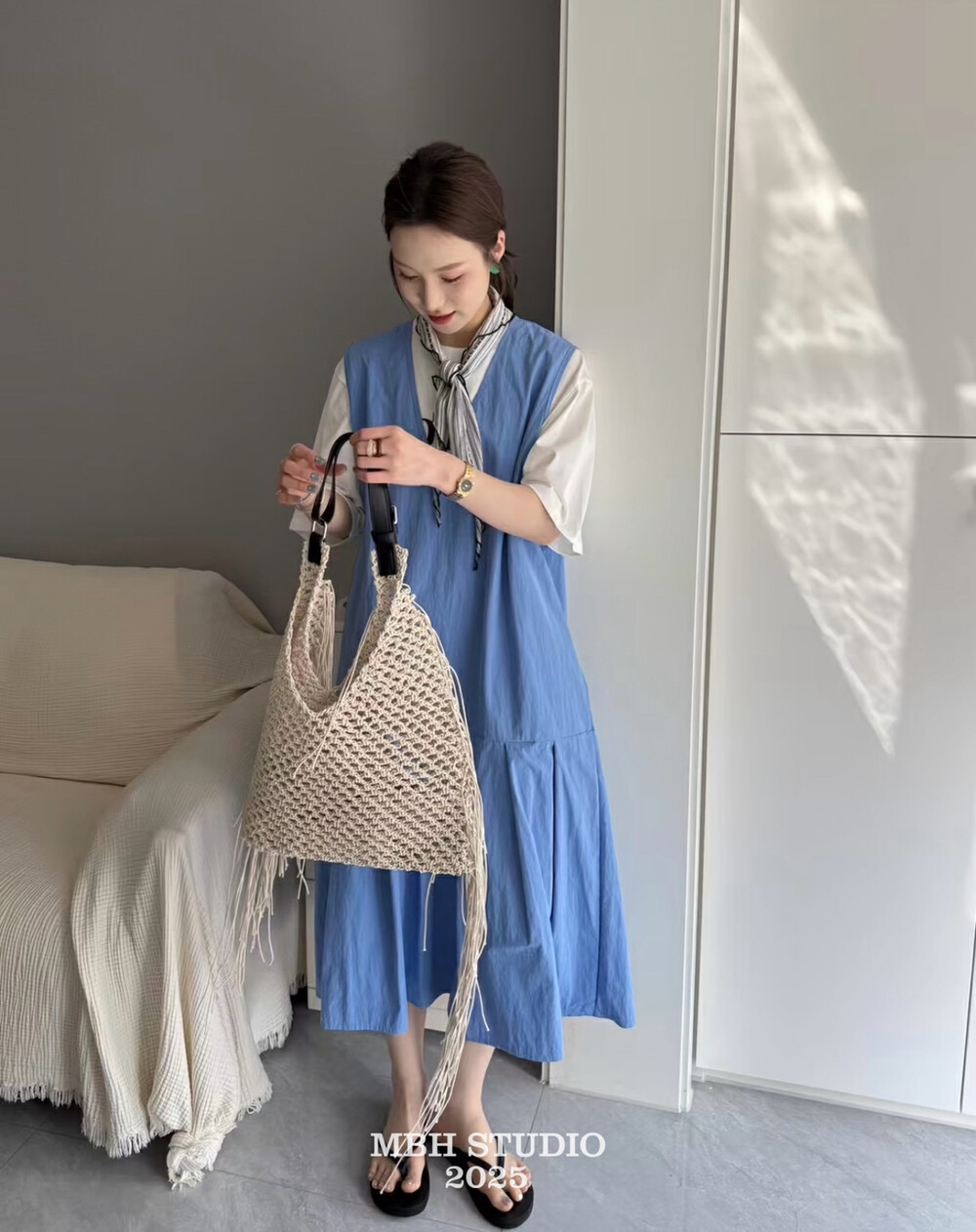 MBH Top Grain Leather Bohemian Beach Woven Tassel Large Shoulder Bag - Image 2