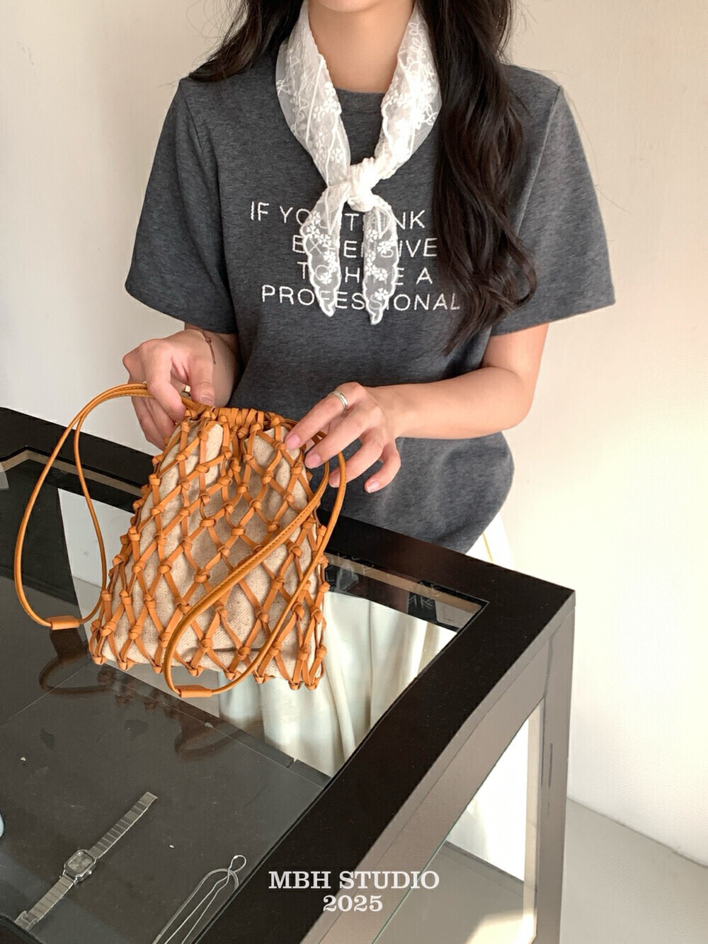Handwoven Drawstring Mini Fishnet Phone Crossbody Bag with Strap