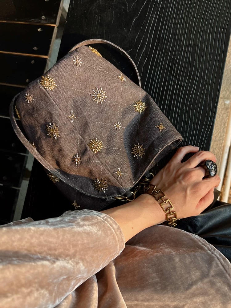 Beaded Embroidered Bucket Bag 2025 Summer Denim Shoulder Bag New Chinese Style Versatile Crossbody Women's Bag - Image 2