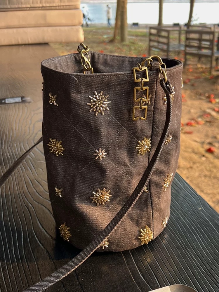 Beaded Embroidered Bucket Bag 2025 Summer Denim Shoulder Bag New Chinese Style Versatile Crossbody Women's Bag - Image 4