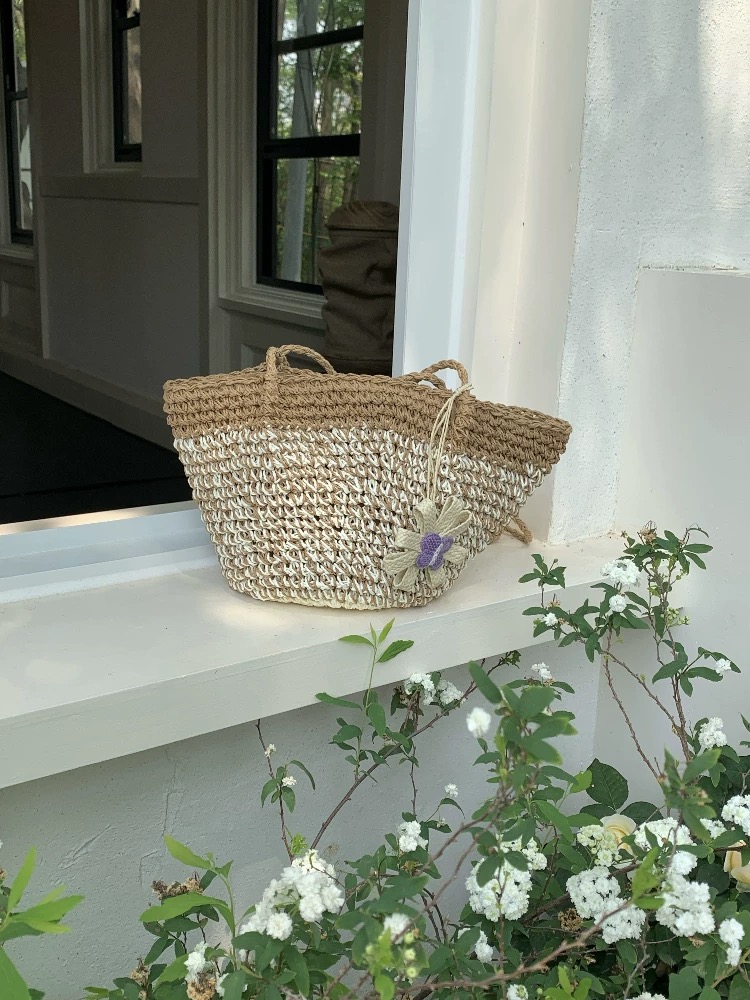 French Vintage Woven Straw Bucket Bag for Beach and Seaside