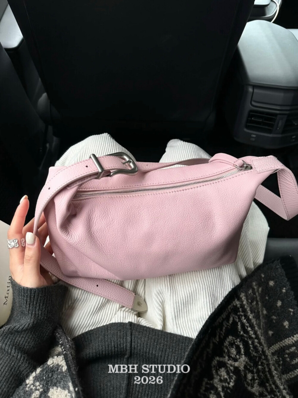 MBH Pink Weekend Minimalist Top Layer Cowhide Wide Strap Antique Silver Buckle Dumpling Bag Shoulder Crossbody Bag